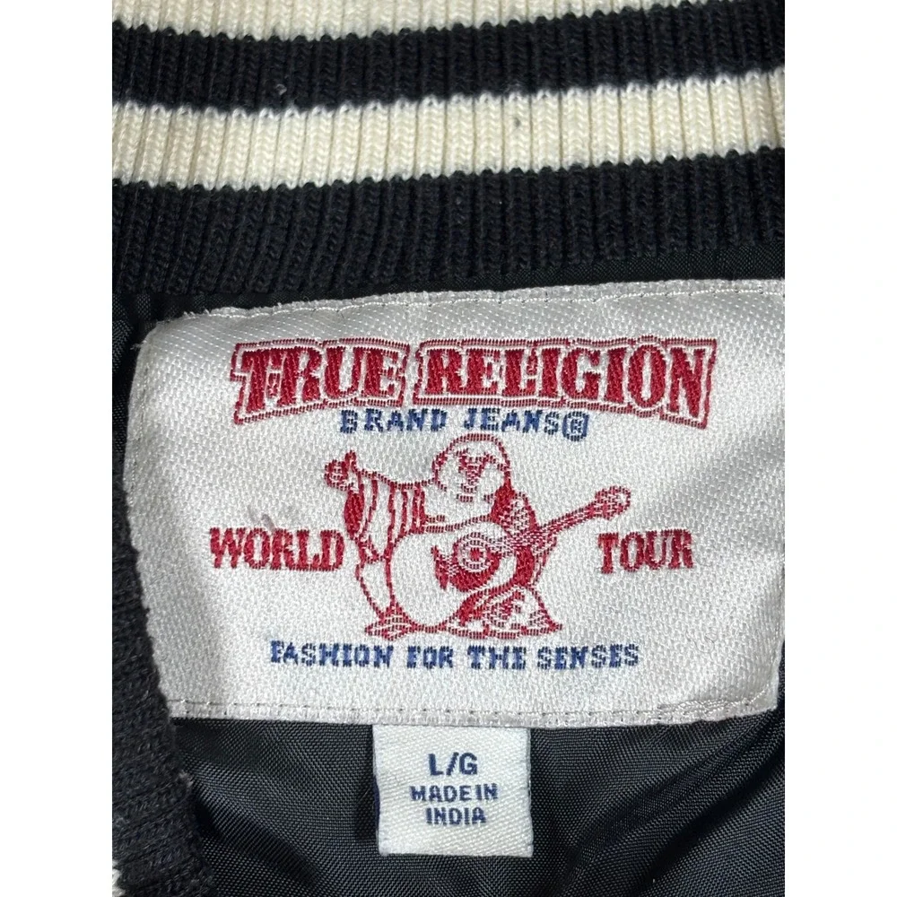 True Religion Kids Varsity Jacket Black‎ Cream Wool Blend Bomber Logo Large L/G